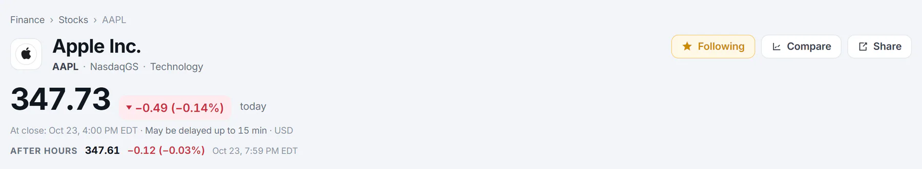 The top of Apple's quote page with the Follow button now reading Following